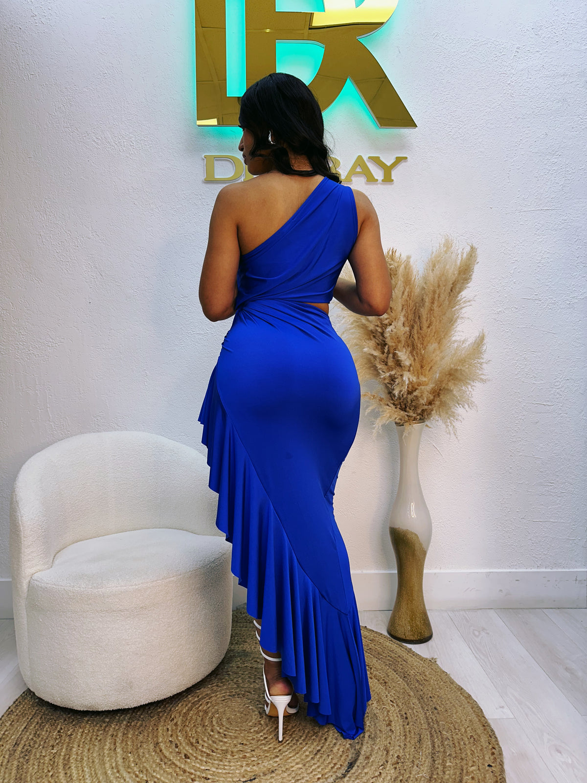 Exclusive Blue Dress with Flared Hem and Mid-Leg Slit