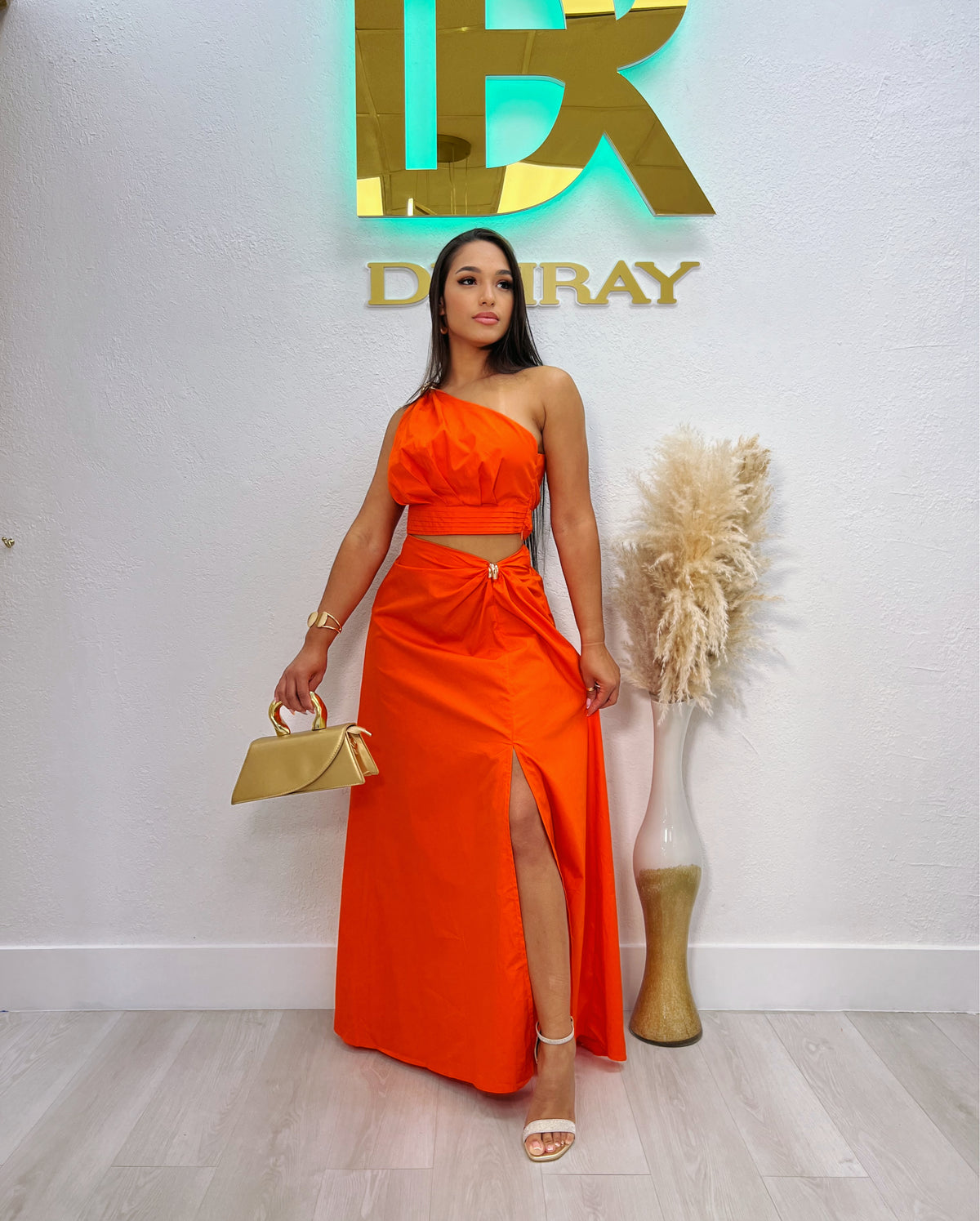 Radiant Sunset Ensemble: Long Orange Maxi Skirt Set