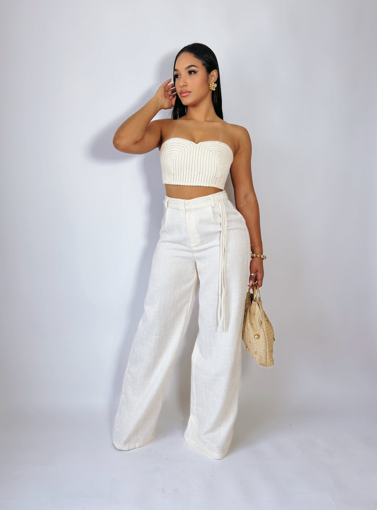 Elegant Beige Knit  with Rope Details Pant Set