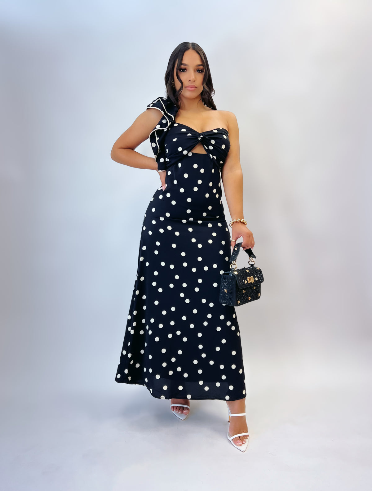 One-Shoulder Black Dress with White Polka Dots