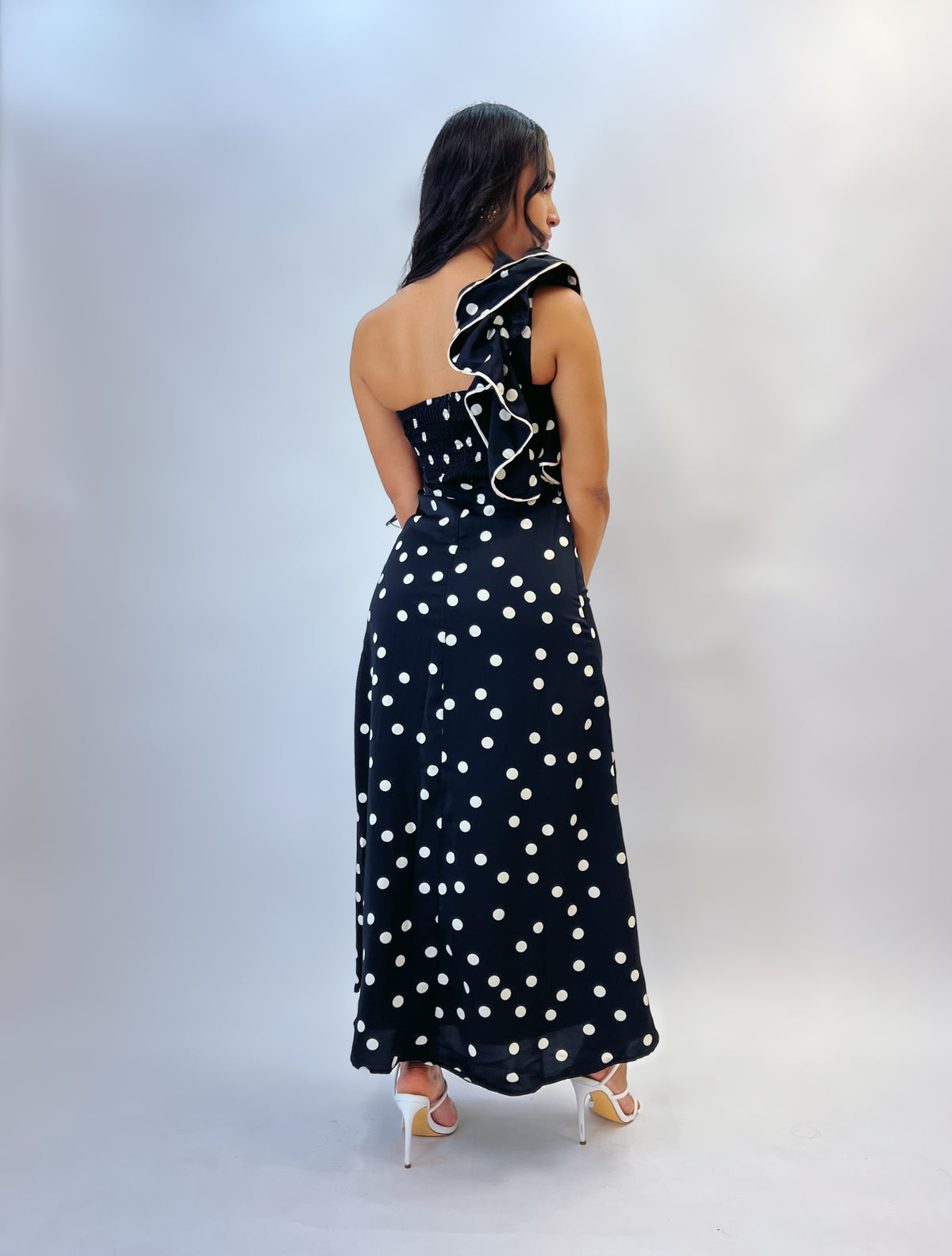 One-Shoulder Black Dress with White Polka Dots